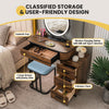 Vanity table set in brown with lighted mirror, wireless charging station, and large storage drawers for organized.
