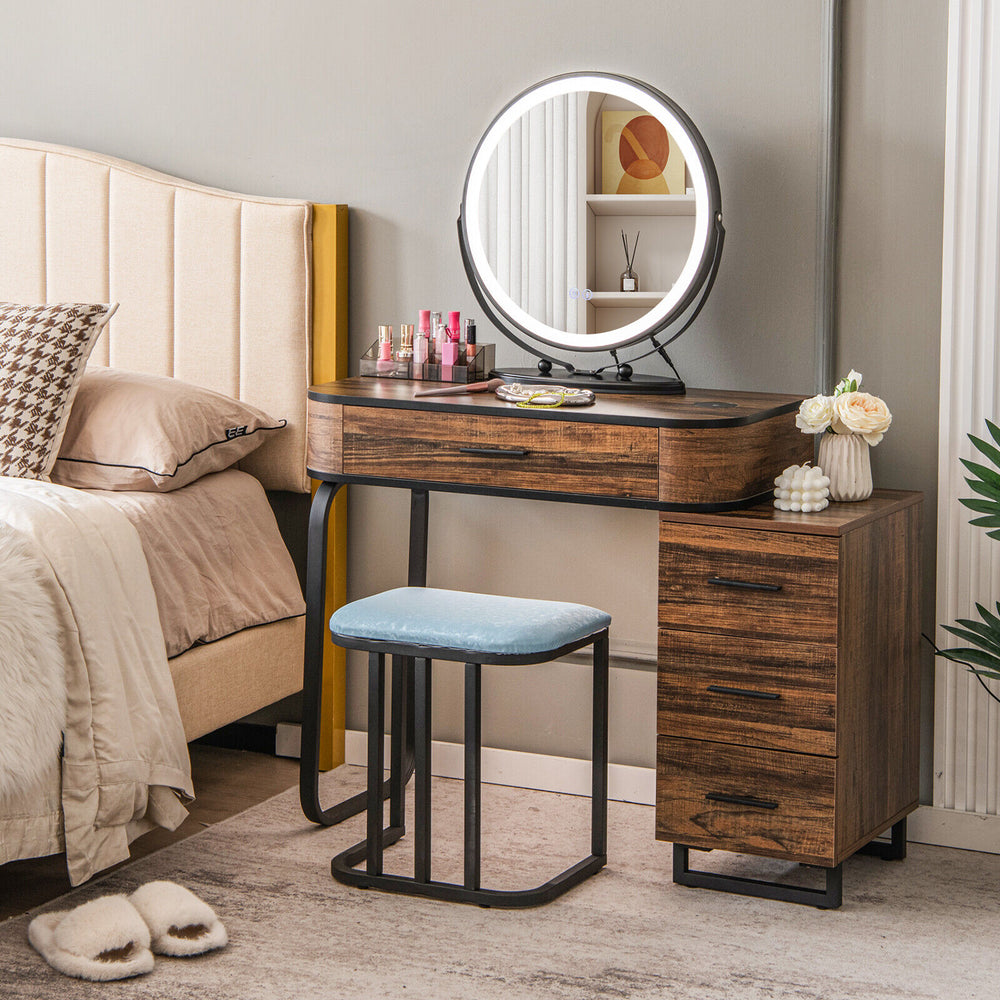 Vanity table set in brown with lighted mirror, charging station, and cushioned stool for stylish bedroom organization.