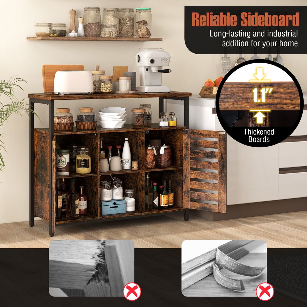 Buffet cabinet with rustic brown wood grain finish, featuring slatted door and three adjustable shelves for ample.