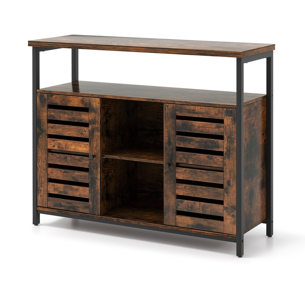 Rustic brown buffet cabinet with slatted doors, three adjustable shelves, and ample storage for kitchen essentials.