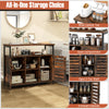 Buffet cabinet in rustic brown with slatted door, adjustable shelves, and ample storage for kitchen utensils and.