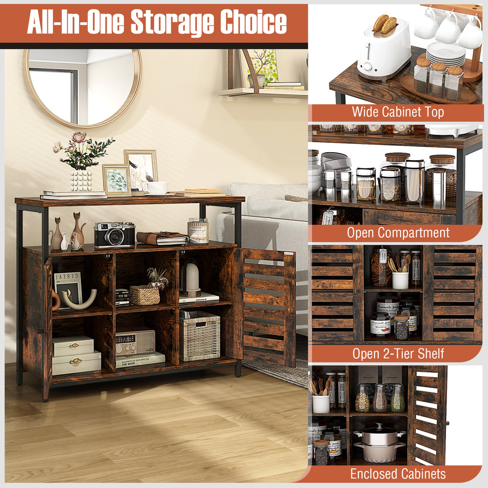 Buffet cabinet in rustic brown with slatted door, adjustable shelves, and ample storage for kitchen utensils and.