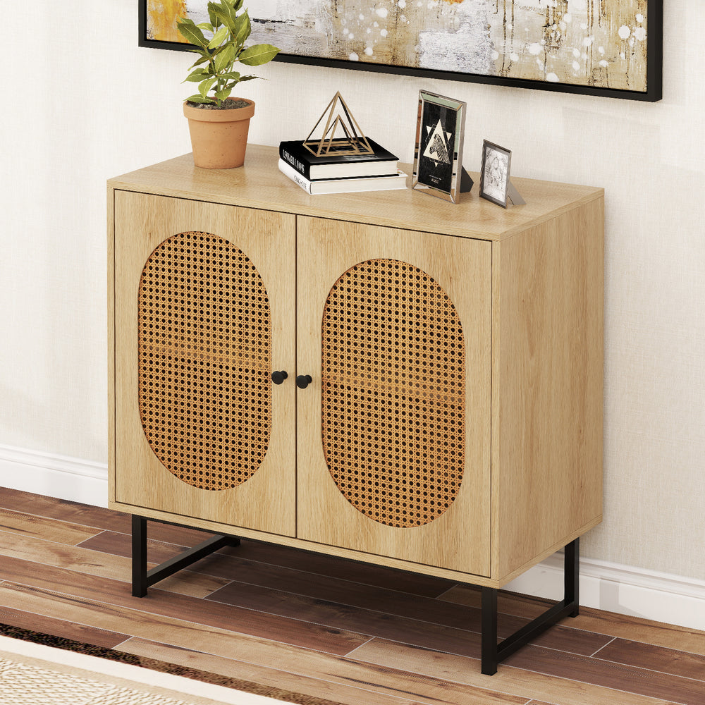 Buffet cabinet in natural finish with rattan doors, featuring a spacious top and stylish design for versatile storage.