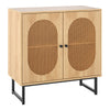Buffet cabinet with rattan doors and adjustable shelf, featuring sturdy metal legs for stylish storage in natural.