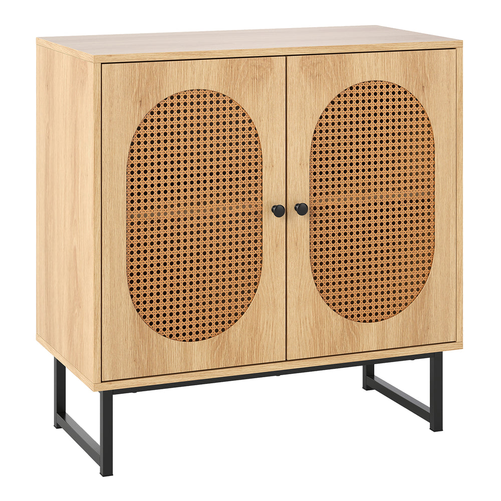 Buffet cabinet with rattan doors and adjustable shelf, featuring sturdy metal legs for stylish storage in natural.