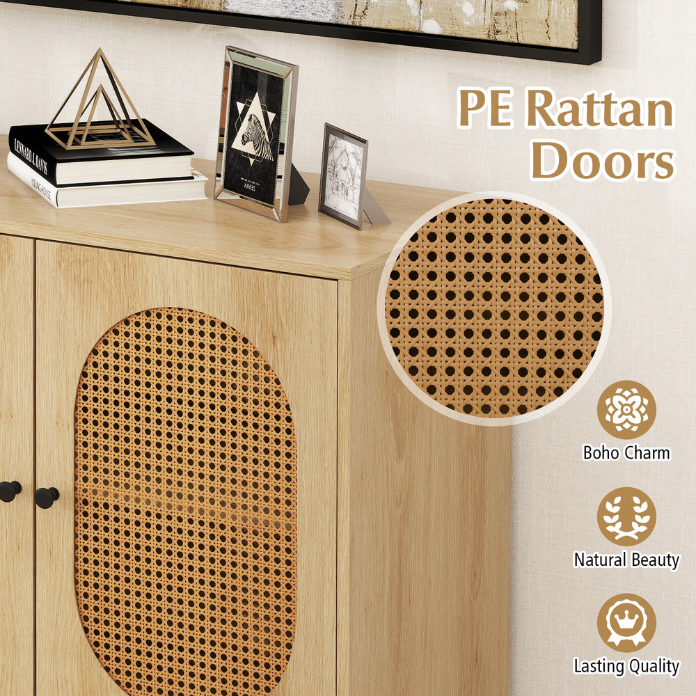 Buffet cabinet with PE rattan doors, showcasing boho charm and sturdy construction, perfect for stylish storage.
