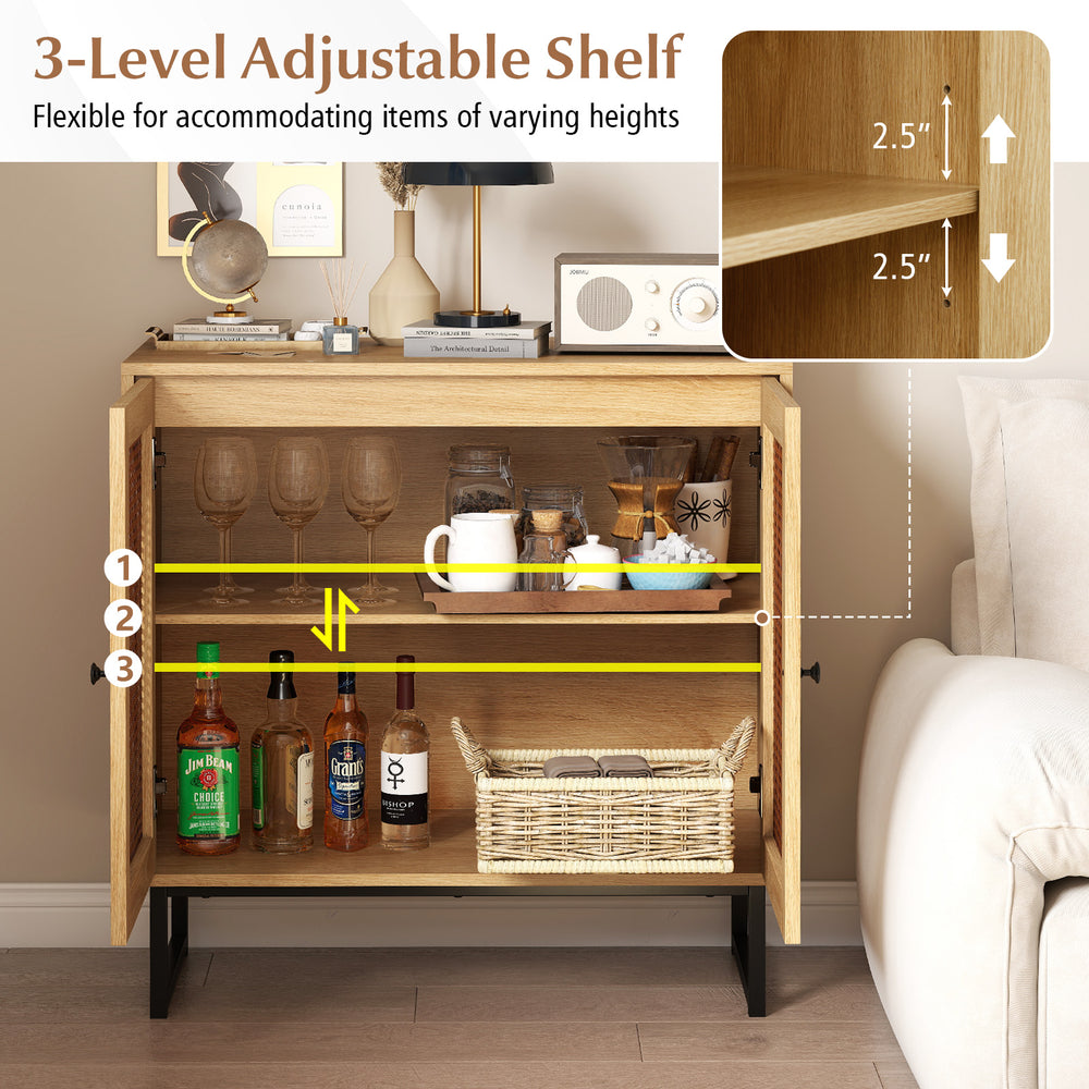 Buffet cabinet with adjustable 3-level shelf, natural finish, PE rattan doors, perfect for versatile storage solutions.