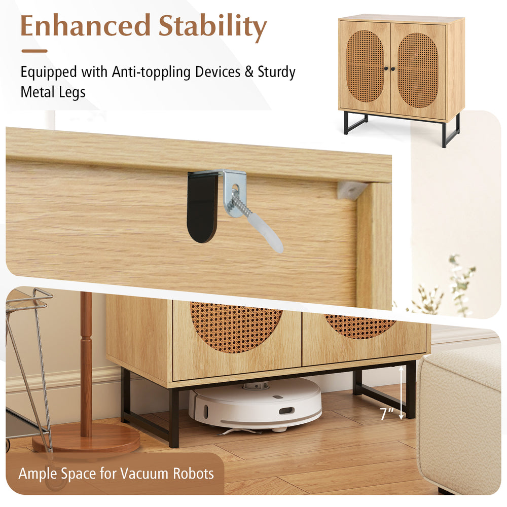 Buffet cabinet with rattan doors and adjustable shelf, featuring sturdy metal legs and 7" clearance for vacuum robots.