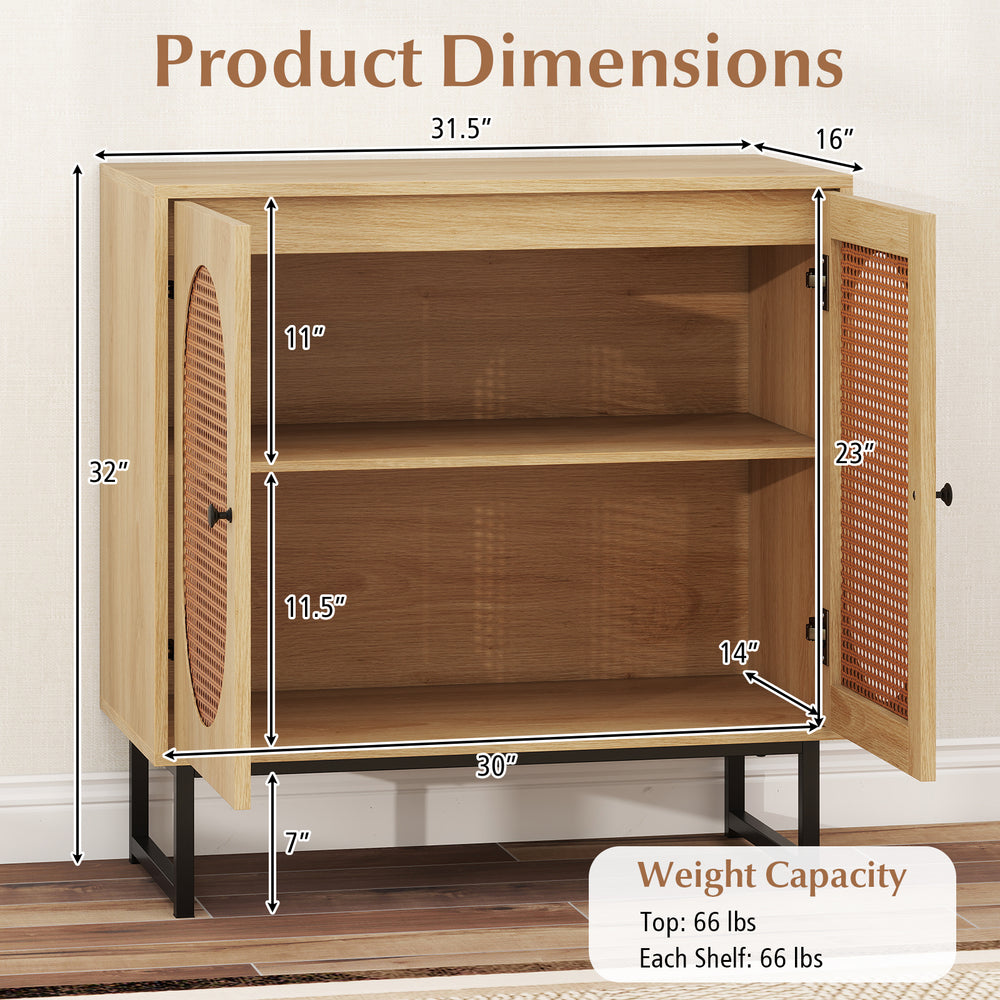 Buffet cabinet with rattan doors, adjustable shelf, and sturdy metal legs, ideal for stylish storage in any room.