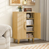 Buffet cabinet with double doors and raised legs in natural finish, featuring removable shelves for versatile storage.