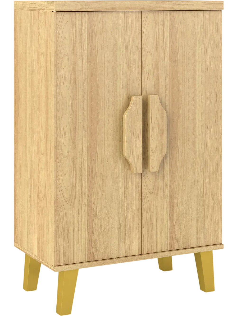 Buffet cabinet with double doors, natural finish, raised legs, and removable shelves for versatile storage in any room.
