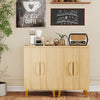 Buffet cabinet with double doors and raised legs in natural finish, ideal for dining rooms and kitchens, offering ample.