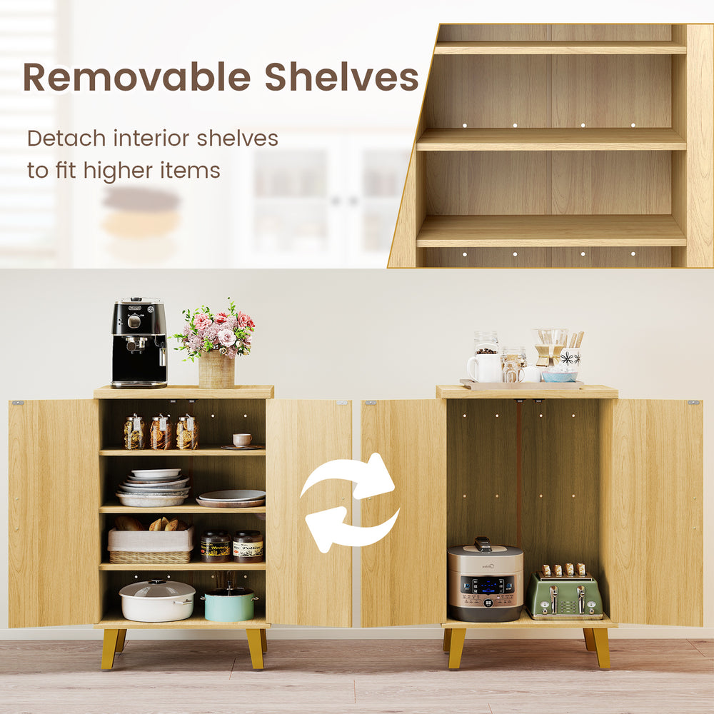 Buffet cabinet with double doors, removable shelves, and raised legs for versatile storage in dining rooms or kitchens.