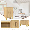 Buffet cabinet with double doors and raised legs in natural finish, featuring magnetic catches and spacious interior.