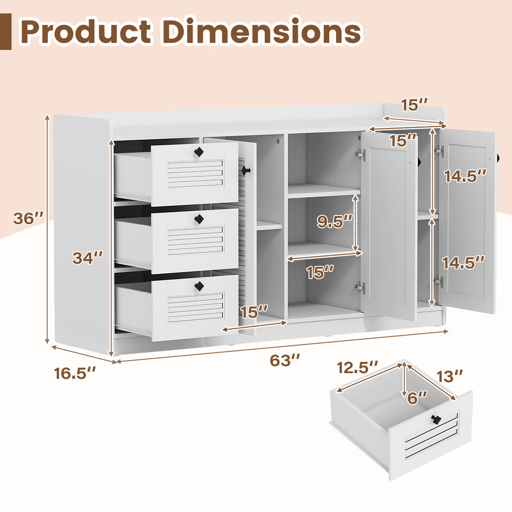 Buffet cabinet dimensions showing 3 drawers and 3 doors, designed for modern storage in kitchen or dining room.