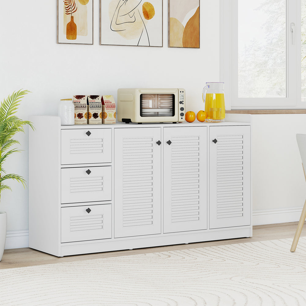 Buffet cabinet with 3 drawers and 3 shutter doors in white, perfect for modern kitchens and dining rooms.