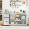 Modern white buffet cabinet with three doors and drawers, offering ample storage for kitchen and dining essentials.