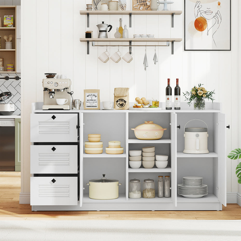 Modern white buffet cabinet with three doors and drawers, offering ample storage for kitchen and dining essentials.