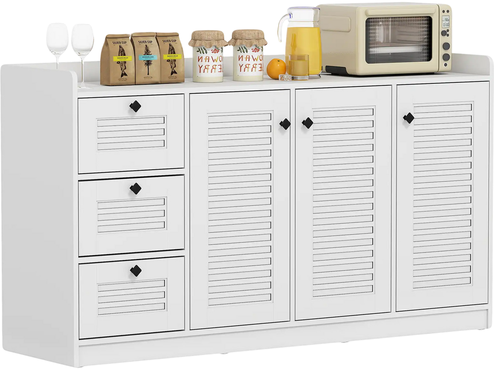 Modern white buffet cabinet with 3 doors and 3 drawers, featuring shutter doors for stylish kitchen storage.