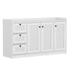 Buffet cabinet with three drawers and three shutter doors in white, ideal for kitchen or dining room storage.