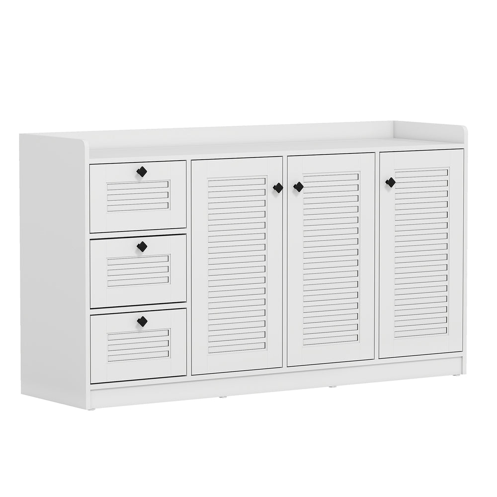 Buffet cabinet with three drawers and three shutter doors in white, ideal for kitchen or dining room storage.