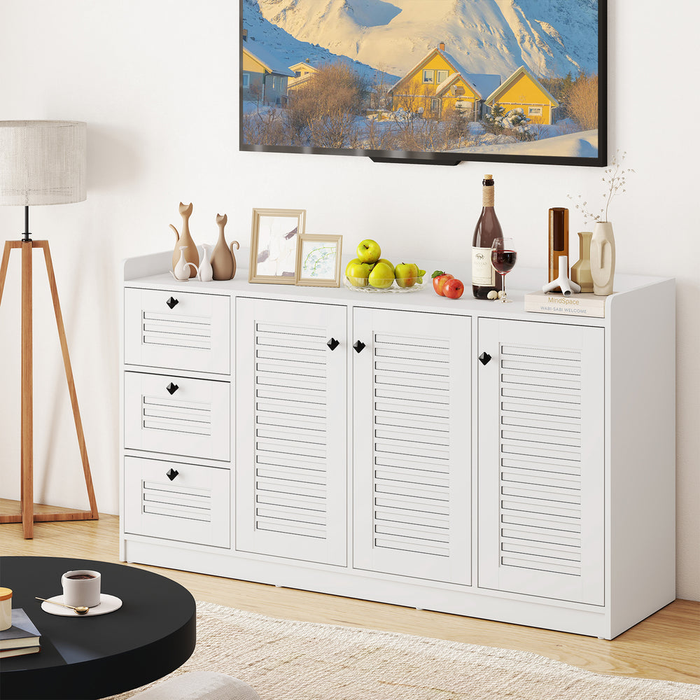 White buffet cabinet featuring 3 drawers and 3 shutter doors, perfect for modern kitchens or dining rooms.