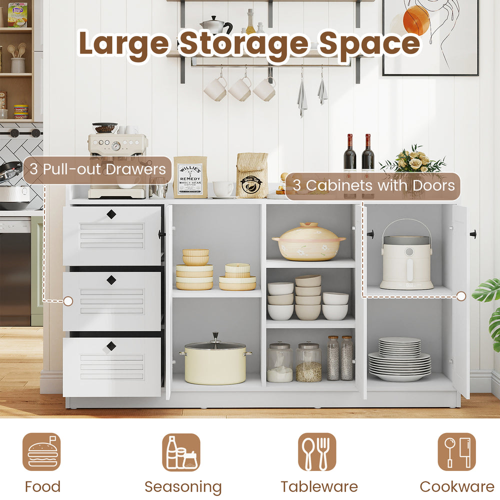 Buffet cabinet with 3 pull-out drawers and 3 doors, featuring a modern white design for kitchen or dining room storage.