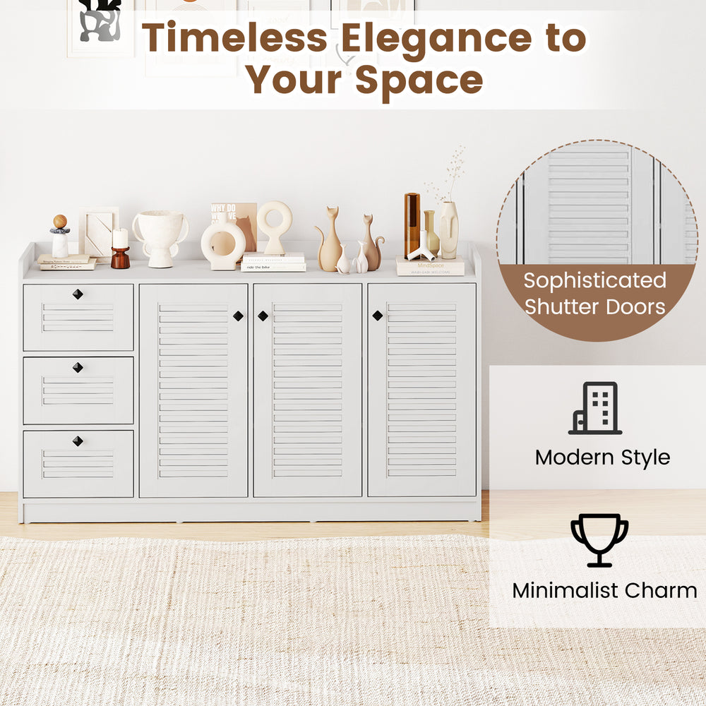 Buffet cabinet with shutter doors in white, featuring 3 drawers and modern minimalist design for versatile storage.