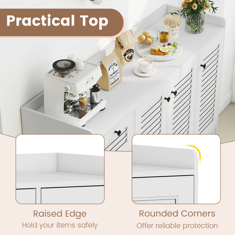 Buffet cabinet with a spacious top featuring raised edges and rounded corners for safety, ideal for kitchen or dining.