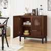 Walnut buffet cabinet with grille-striped doors, double-layer storage, and adjustable shelves for kitchenware.