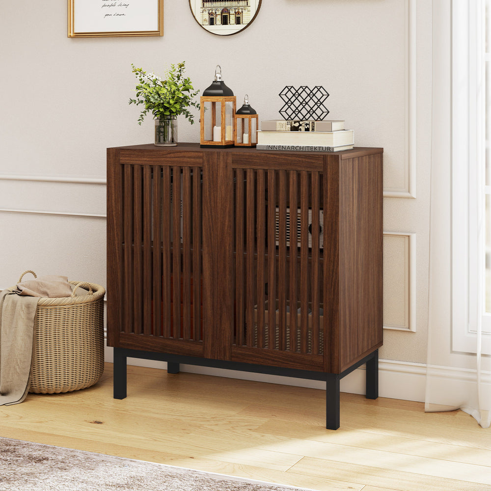 Buffet cabinet with grille-striped doors in walnut finish, featuring double-layer storage and adjustable shelves for.
