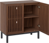 Walnut buffet cabinet with grille-striped doors, double-layer storage, and adjustable shelf for kitchenware.