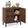 Walnut buffet cabinet with grille-striped doors, double-layer storage, and adjustable shelves for kitchen organization.