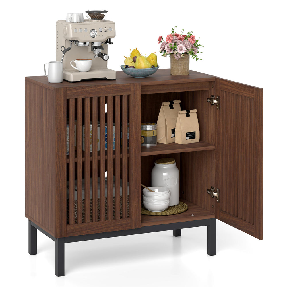 Walnut buffet cabinet with grille-striped doors, double-layer storage, and adjustable shelves for kitchen organization.