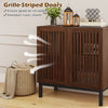 Buffet cabinet with grille-striped doors in walnut finish, featuring double-layer storage and farmhouse style for.
