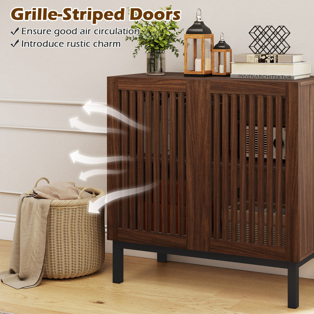 Buffet cabinet with grille-striped doors in walnut finish, featuring double-layer storage and farmhouse style for.