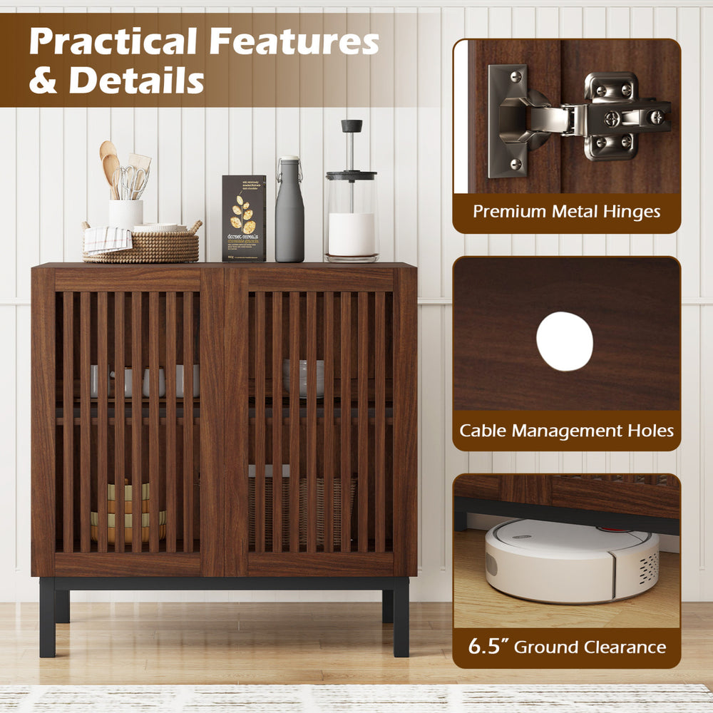 Buffet cabinet with grille-striped doors, walnut finish, featuring cable management holes and 6.5-inch ground clearance.
