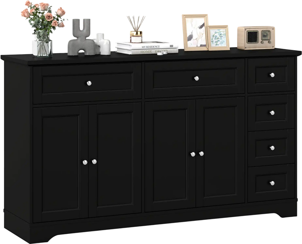 Modern black buffet sideboard with a 59" countertop, 6 drawers, and 2 cabinets for organized storage in any room.