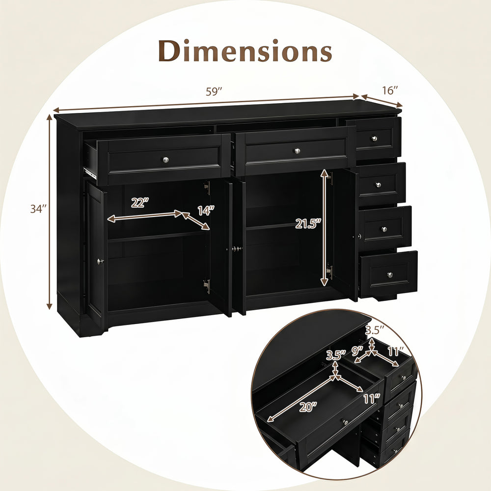 Buffet sideboard console table in black with dimensions, featuring 6 drawers and 2 cabinets for organized storage.