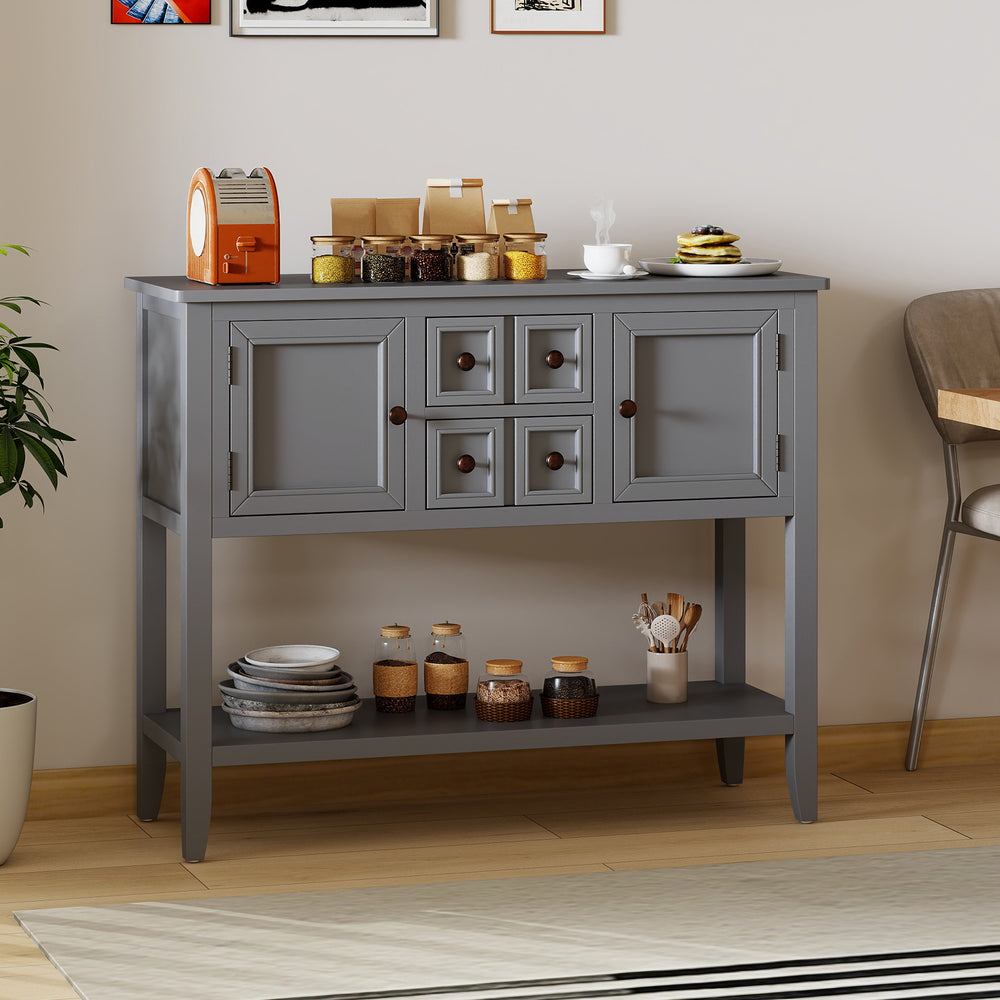 Buffet sideboard cabinet in gray with 2 doors, 2 drawers, and a bottom shelf for versatile storage in any room.