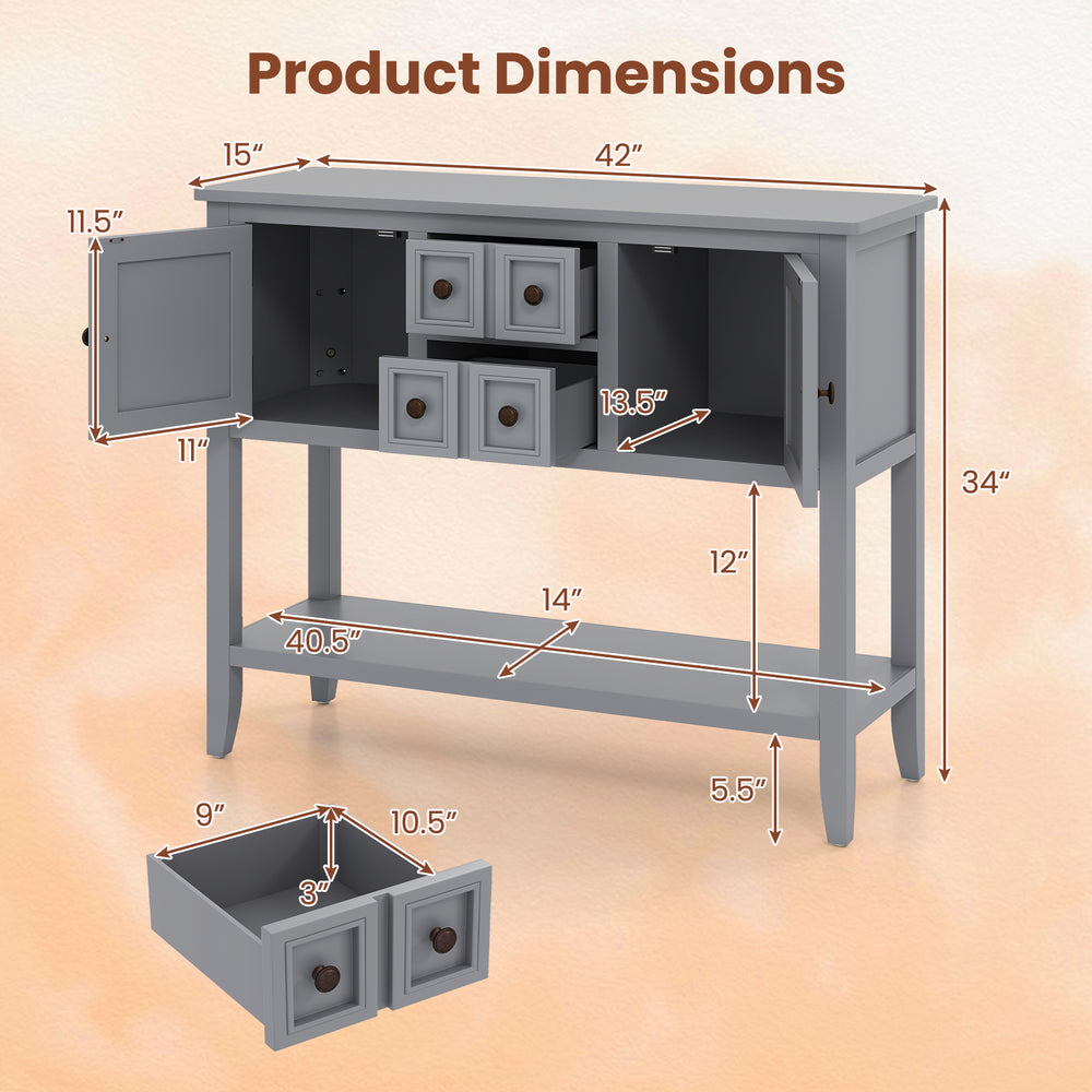 Buffet sideboard cabinet dimensions with 2 doors and 2 drawers in gray, ideal for kitchen or dining room storage.