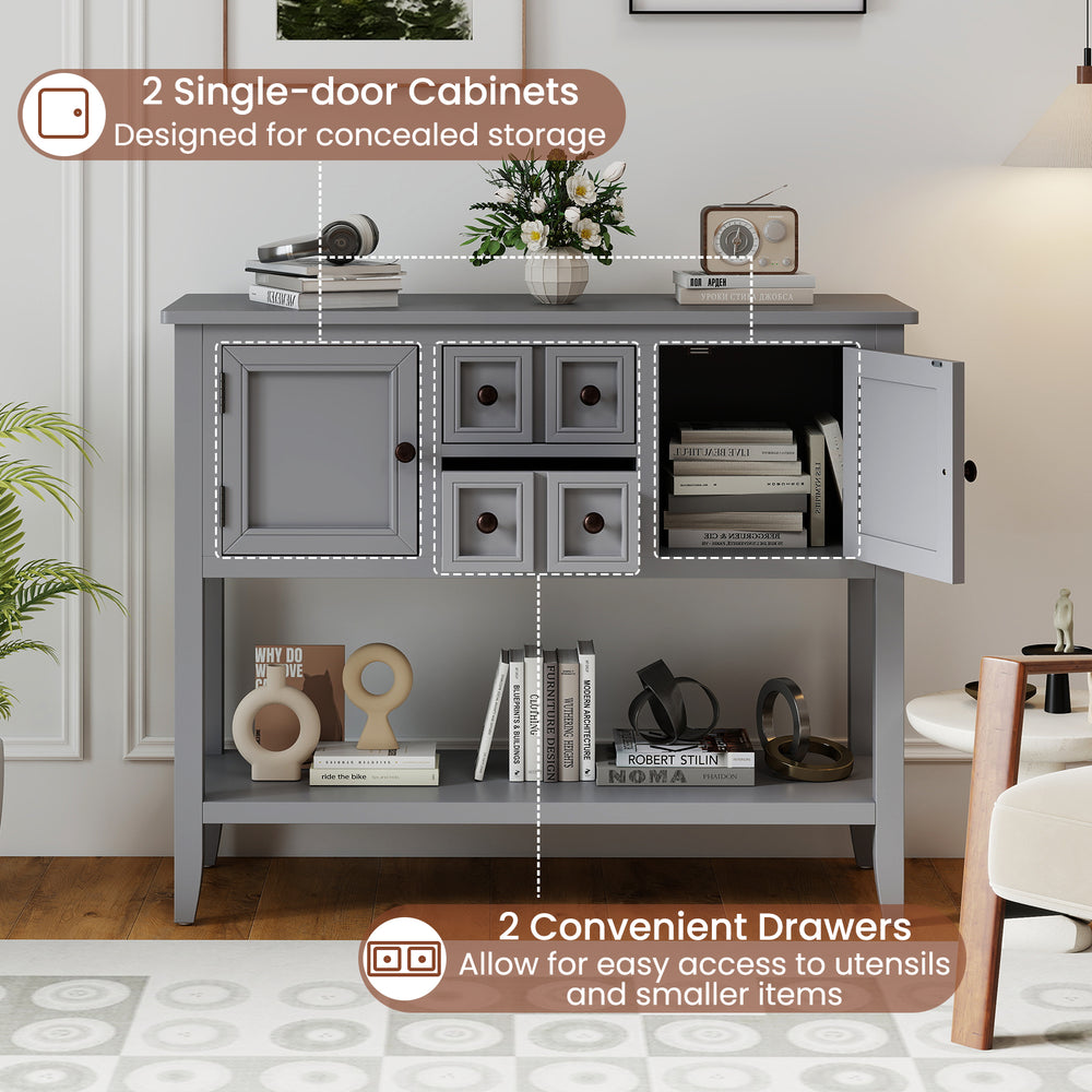 Buffet sideboard cabinet in gray featuring 2 single-door cabinets and 2 drawers for concealed storage and easy access.