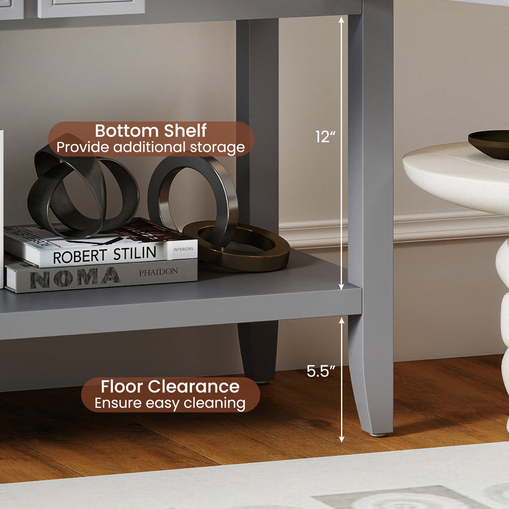 Buffet sideboard cabinet in gray featuring a bottom shelf for storage, 5.5" floor clearance, and two convenient drawers.