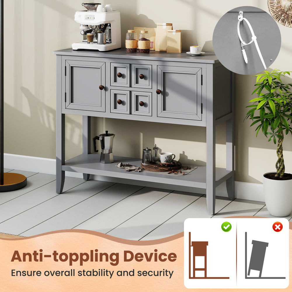 Buffet sideboard cabinet in gray with 2 doors and 2 drawers, featuring an anti-toppling device for stability and.