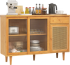 Modern bamboo buffet sideboard cabinet with tempered glass sliding doors and rattan accents, perfect for kitchen.