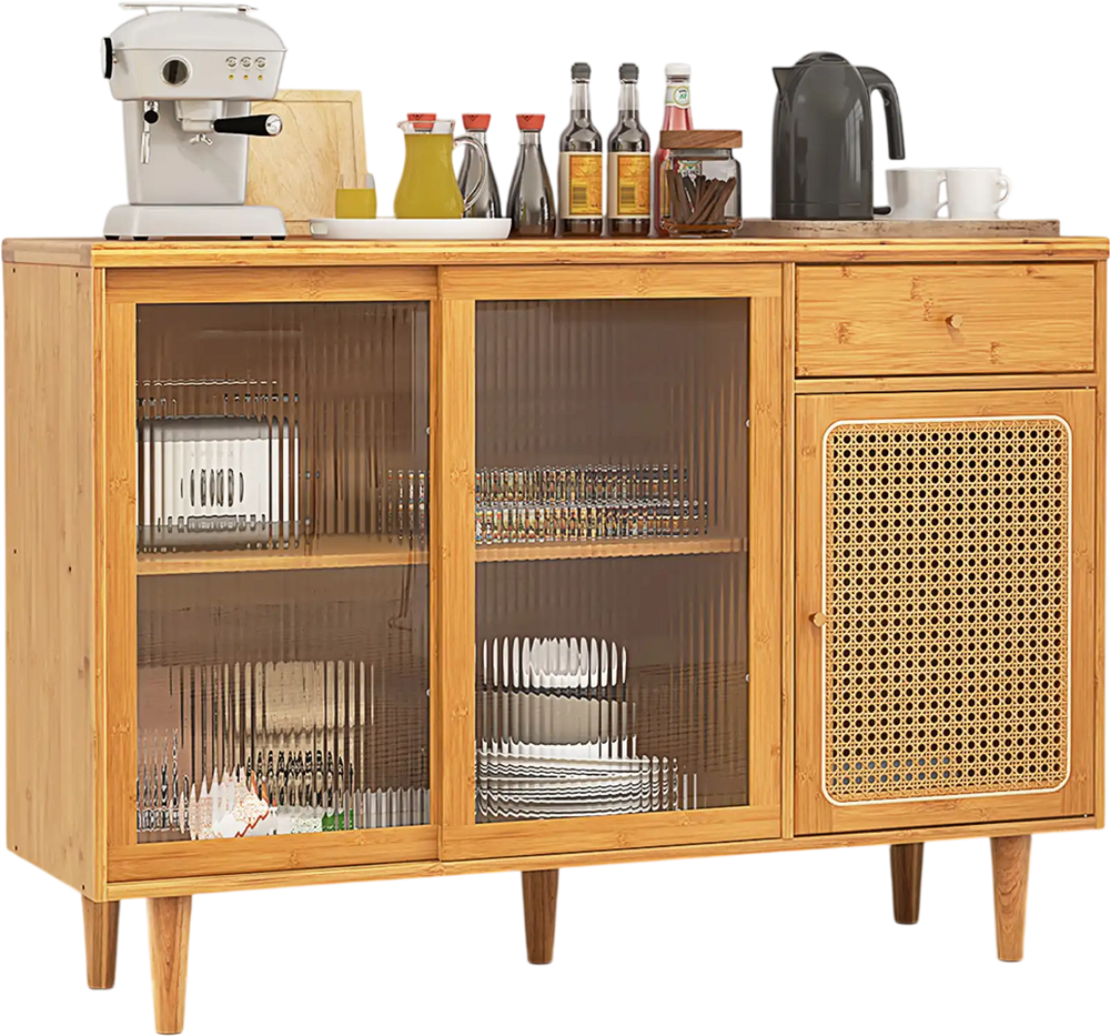 Modern bamboo buffet sideboard cabinet with tempered glass sliding doors and rattan accents, perfect for kitchen.
