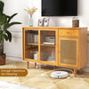 Modern bamboo buffet sideboard cabinet with tempered glass doors and 6" clearance for easy robot cleaning in natural.