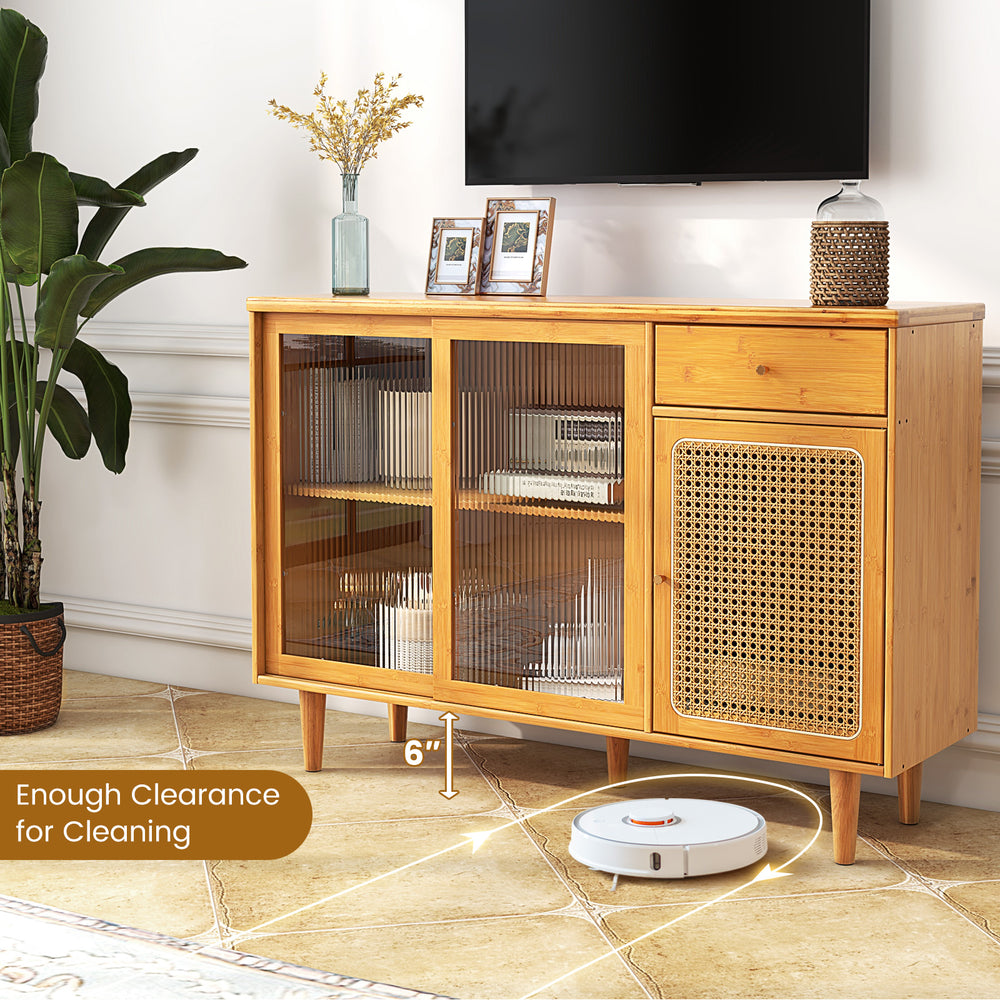 Modern bamboo buffet sideboard cabinet with tempered glass doors and 6" clearance for easy robot cleaning in natural.