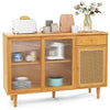 Modern bamboo buffet sideboard cabinet with tempered glass sliding doors and rattan accents for stylish kitchen storage.