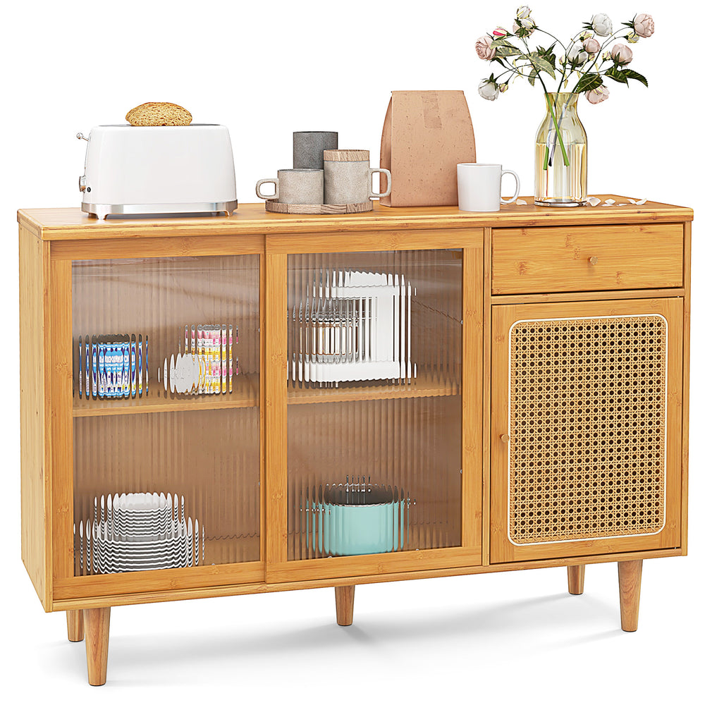 Modern bamboo buffet sideboard cabinet with tempered glass sliding doors and rattan accents for stylish kitchen storage.